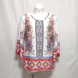 New Directions Floral Boho Blouse Bell Sleeve Cottagecore Peasant Top PM Summer